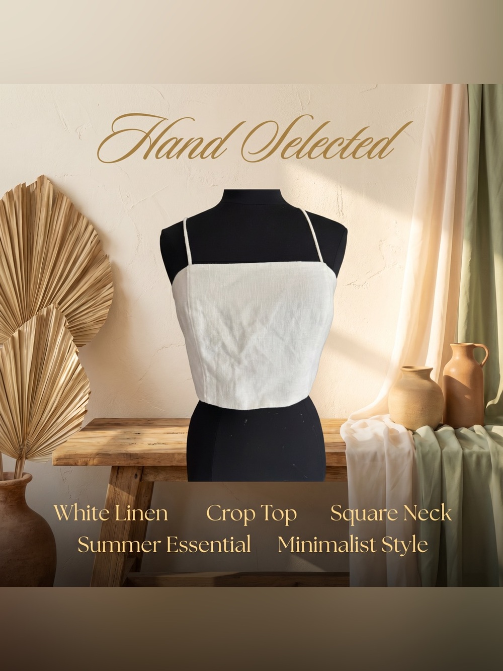 Square-Neck White Linen Crop Top with Thin Straps